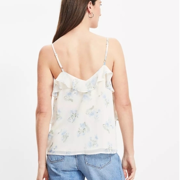 Loft Floral Ruffle Blouse - Cream and Blue Sz L - Picture 4 of 9